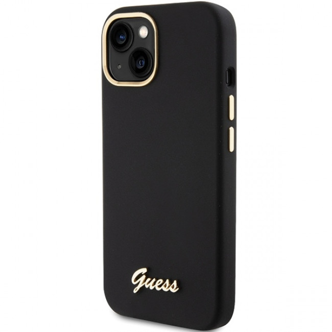 Guess iPhone 15 Silicone Script Metal Logo and Frame Σκληρή Θήκη με Πλαίσιο Σιλικόνης - Black - GUHCP15SSMBSLK