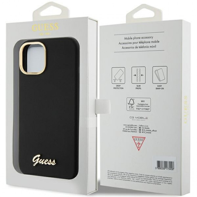 Guess iPhone 15 Silicone Script Metal Logo and Frame Σκληρή Θήκη με Πλαίσιο Σιλικόνης - Black - GUHCP15SSMBSLK