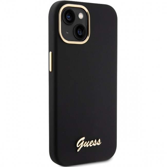 Guess iPhone 15 Silicone Script Metal Logo and Frame Σκληρή Θήκη με Πλαίσιο Σιλικόνης - Black - GUHCP15SSMBSLK