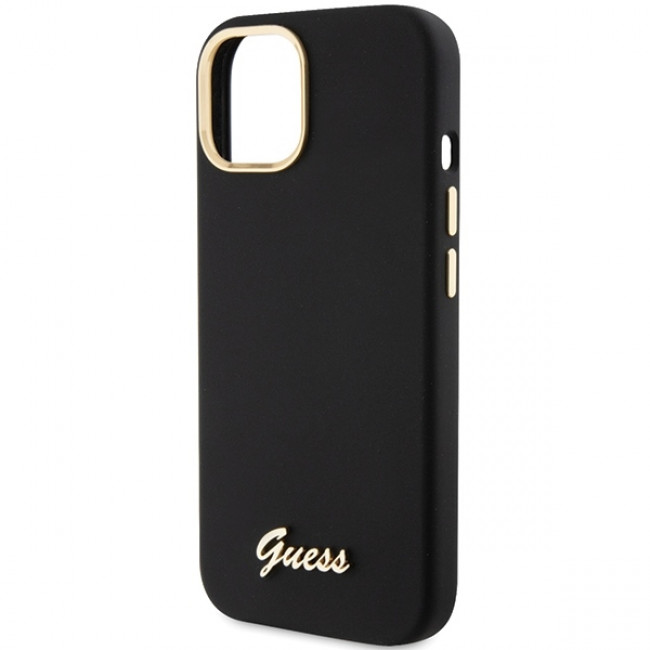 Guess iPhone 15 Silicone Script Metal Logo and Frame Σκληρή Θήκη με Πλαίσιο Σιλικόνης - Black - GUHCP15SSMBSLK