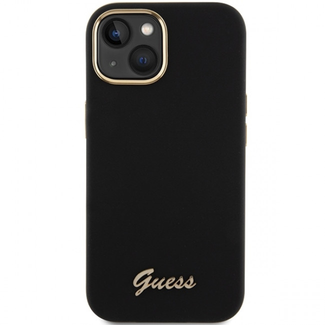 Guess iPhone 15 Silicone Script Metal Logo and Frame Σκληρή Θήκη με Πλαίσιο Σιλικόνης - Black - GUHCP15SSMBSLK