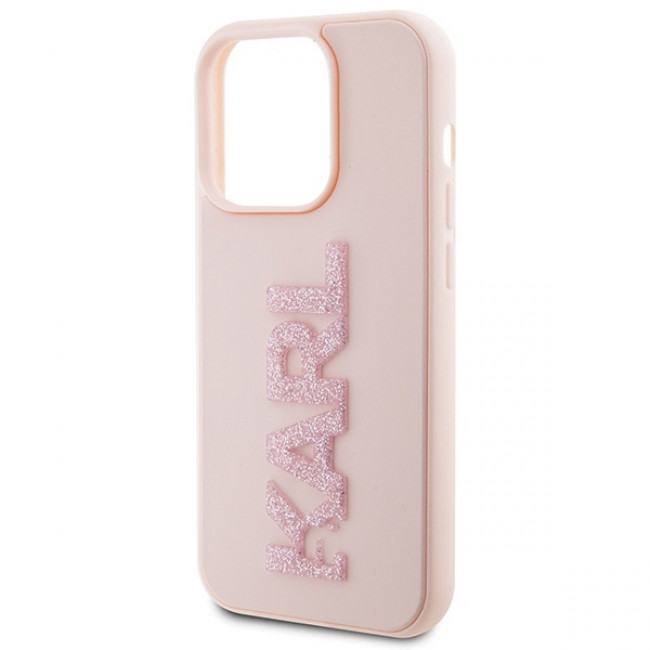 Karl Lagerfeld iPhone 15 Pro Max - 3D Rubber Glitter Logo Σκληρή Θήκη με Πλαίσιο Σιλικόνης - Pink - KLHCP15X3DMBKCP