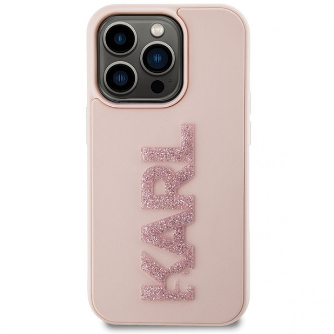 Karl Lagerfeld iPhone 15 Pro Max - 3D Rubber Glitter Logo Σκληρή Θήκη με Πλαίσιο Σιλικόνης - Pink - KLHCP15X3DMBKCP