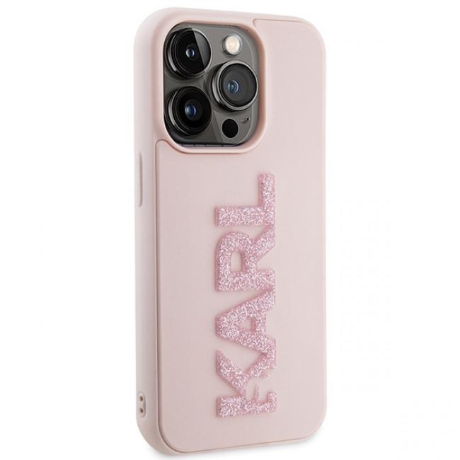 Karl Lagerfeld iPhone 15 Pro Max - 3D Rubber Glitter Logo Σκληρή Θήκη με Πλαίσιο Σιλικόνης - Pink - KLHCP15X3DMBKCP