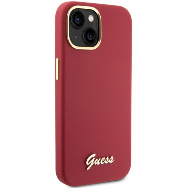 Guess iPhone 15 Silicone Script Metal Logo and Frame Σκληρή Θήκη με Πλαίσιο Σιλικόνης - Magenta - GUHCP15SSMBSLM