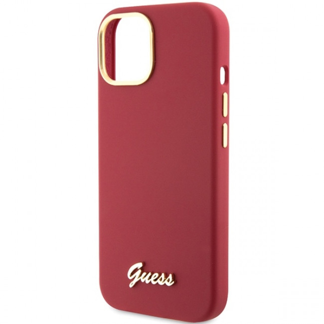 Guess iPhone 15 Silicone Script Metal Logo and Frame Σκληρή Θήκη με Πλαίσιο Σιλικόνης - Magenta - GUHCP15SSMBSLM