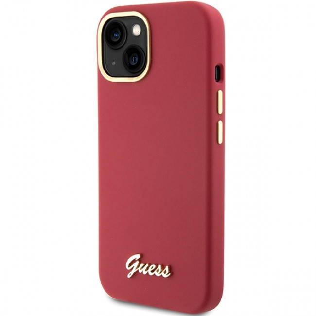 Guess iPhone 15 Silicone Script Metal Logo and Frame Σκληρή Θήκη με Πλαίσιο Σιλικόνης - Magenta - GUHCP15SSMBSLM