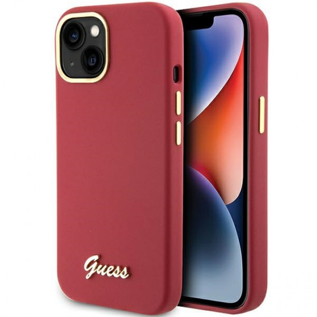 Guess iPhone 15 Silicone Script Metal Logo and Frame Σκληρή Θήκη με Πλαίσιο Σιλικόνης - Magenta - GUHCP15SSMBSLM