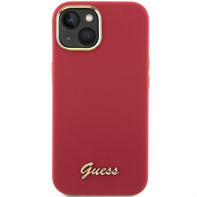 Guess iPhone 15 Silicone Script Metal Logo and Frame Σκληρή Θήκη με Πλαίσιο Σιλικόνης - Magenta - GUHCP15SSMBSLM