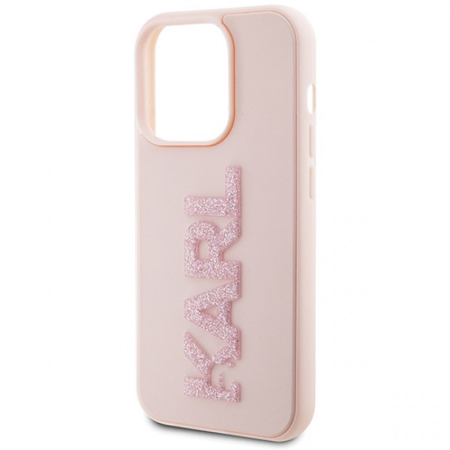 Karl Lagerfeld iPhone 15 Pro - 3D Rubber Glitter Logo Σκληρή Θήκη με Πλαίσιο Σιλικόνης - Pink - KLHCP15L3DMBKCP