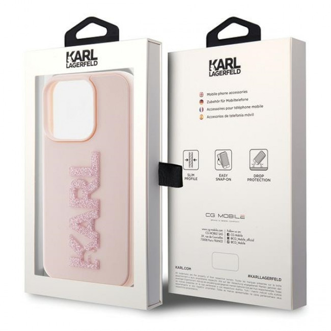 Karl Lagerfeld iPhone 15 Pro - 3D Rubber Glitter Logo Σκληρή Θήκη με Πλαίσιο Σιλικόνης - Pink - KLHCP15L3DMBKCP