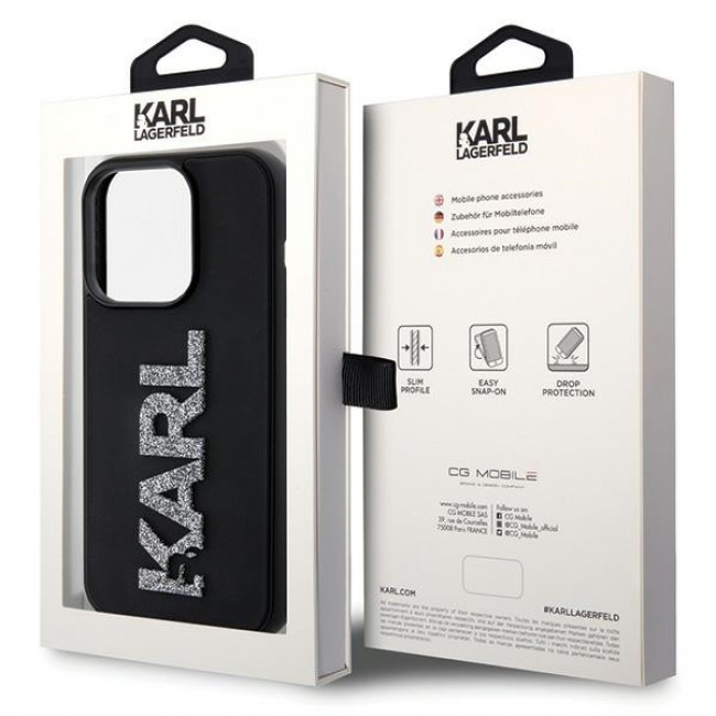 Karl Lagerfeld iPhone 15 Pro - 3D Rubber Glitter Logo Σκληρή Θήκη με Πλαίσιο Σιλικόνης - Black - KLHCP15L3DMBKCK