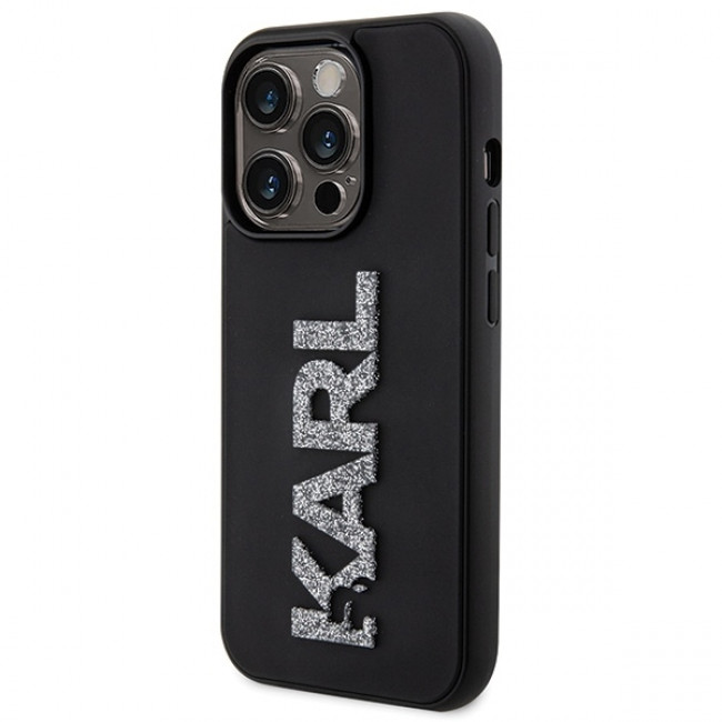 Karl Lagerfeld iPhone 15 Pro - 3D Rubber Glitter Logo Σκληρή Θήκη με Πλαίσιο Σιλικόνης - Black - KLHCP15L3DMBKCK