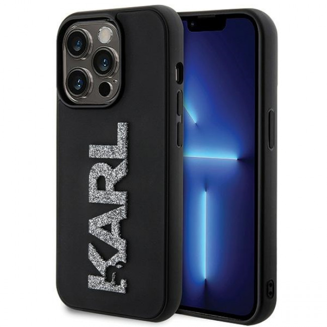 Karl Lagerfeld iPhone 15 Pro - 3D Rubber Glitter Logo Σκληρή Θήκη με Πλαίσιο Σιλικόνης - Black - KLHCP15L3DMBKCK