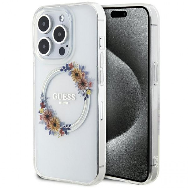 Guess iPhone 15 Pro Max IML Flowers Wreatch MagSafe Σκληρή Θήκη με Πλαίσιο Σιλικόνης και MagSafe - Διάφανη - GUHMP15XHFWFCT