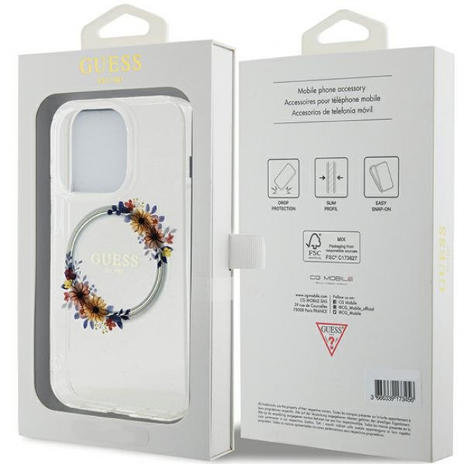 Guess iPhone 15 Pro Max IML Flowers Wreatch MagSafe Σκληρή Θήκη με Πλαίσιο Σιλικόνης και MagSafe - Διάφανη - GUHMP15XHFWFCT