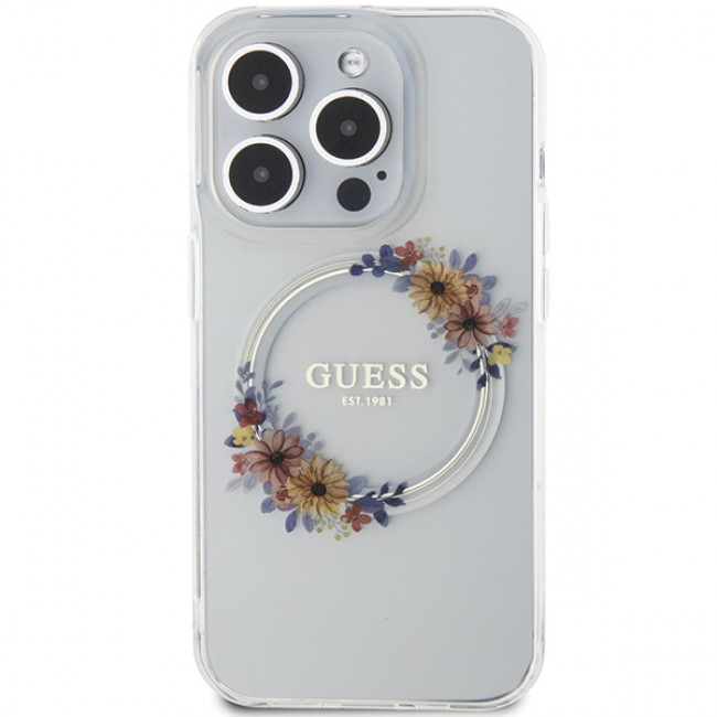 Guess iPhone 15 Pro Max IML Flowers Wreatch MagSafe Σκληρή Θήκη με Πλαίσιο Σιλικόνης και MagSafe - Διάφανη - GUHMP15XHFWFCT