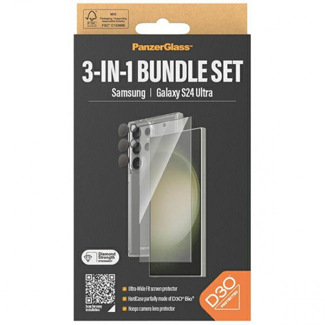 PanzerGlass Samsung Galaxy S24 Ultra - Σετ με 1 Αντιχαρακτικό Γυαλί Οθόνης Ultra-Wide Fit, 1 Αντιχαρακτικό Γυαλί για την Κάμερα και 1 Σκληρή Θήκη - Clear