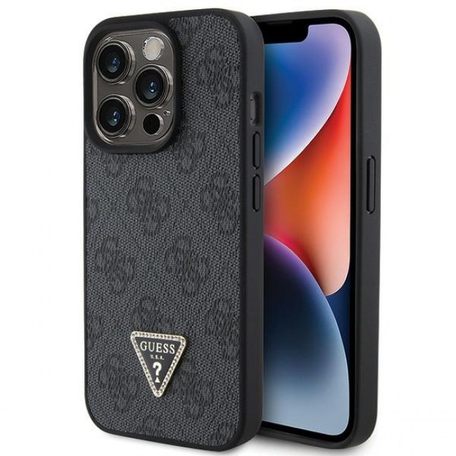 Guess iPhone 15 Pro Leather 4G Diamond Triangle Θήκη με Επένδυση Συνθετικού Δέρματος - Black - GUHCP15LP4TDPK