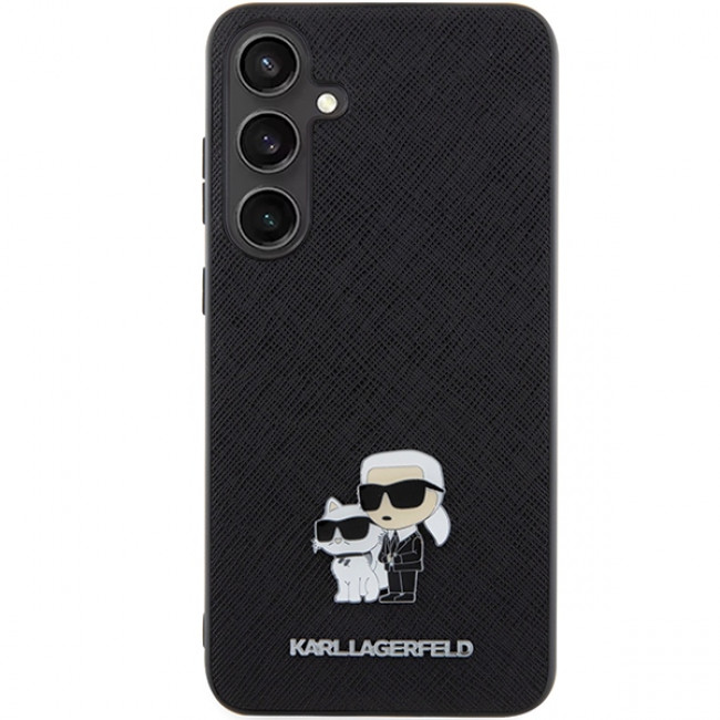 Karl Lagerfeld Samsung Galaxy S24+ - Saffiano Karl and Choupette Metal Pin Σκληρή Θήκη με Επένδυση Συνθετικού Δέρματος και Πλαίσιο Σιλικόνης - Black - KLHCS24MPSAKCMPK