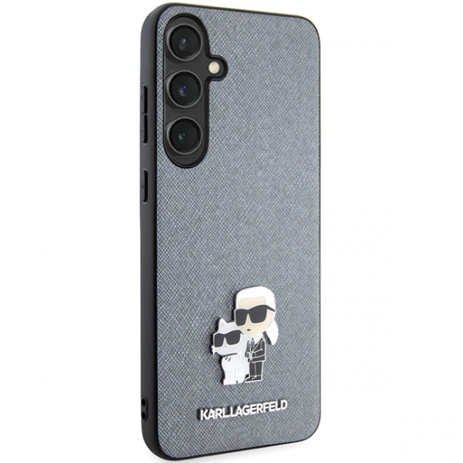 Karl Lagerfeld Samsung Galaxy S24+ - Saffiano Karl and Choupette Metal Pin Σκληρή Θήκη με Επένδυση Συνθετικού Δέρματος και Πλαίσιο Σιλικόνης - Grey - KLHCS24MPSAKCMPG