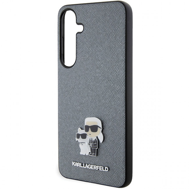 Karl Lagerfeld Samsung Galaxy S24+ - Saffiano Karl and Choupette Metal Pin Σκληρή Θήκη με Επένδυση Συνθετικού Δέρματος και Πλαίσιο Σιλικόνης - Grey - KLHCS24MPSAKCMPG