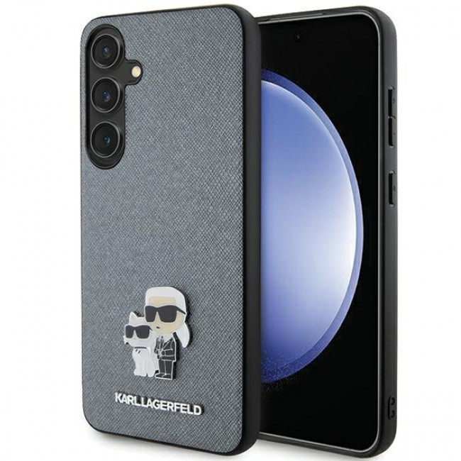 Karl Lagerfeld Samsung Galaxy S24+ - Saffiano Karl and Choupette Metal Pin Σκληρή Θήκη με Επένδυση Συνθετικού Δέρματος και Πλαίσιο Σιλικόνης - Grey - KLHCS24MPSAKCMPG