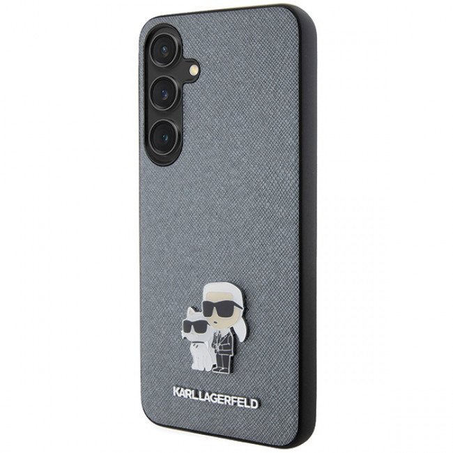 Karl Lagerfeld Samsung Galaxy S24+ - Saffiano Karl and Choupette Metal Pin Σκληρή Θήκη με Επένδυση Συνθετικού Δέρματος και Πλαίσιο Σιλικόνης - Grey - KLHCS24MPSAKCMPG