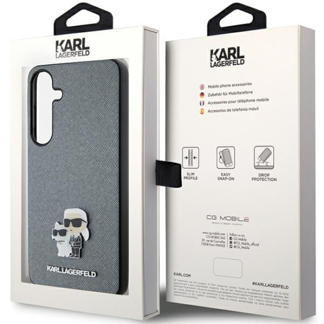 Karl Lagerfeld Samsung Galaxy S24+ - Saffiano Karl and Choupette Metal Pin Σκληρή Θήκη με Επένδυση Συνθετικού Δέρματος και Πλαίσιο Σιλικόνης - Grey - KLHCS24MPSAKCMPG