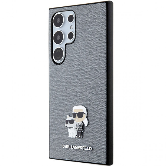 Karl Lagerfeld Samsung Galaxy S24 Ultra - Saffiano Karl and Choupette Metal Pin Σκληρή Θήκη με Επένδυση Συνθετικού Δέρματος και Πλαίσιο Σιλικόνης - Grey - KLHCS24LPSAKCMPG