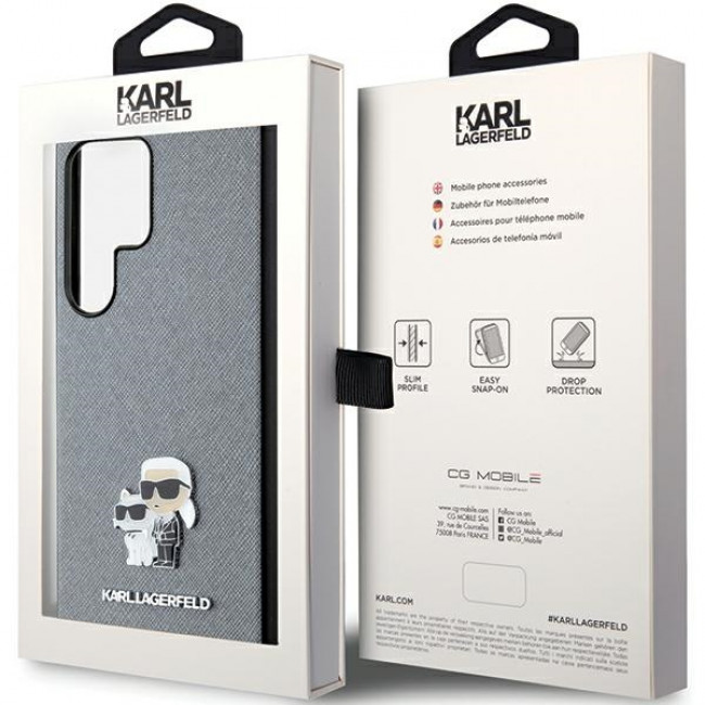 Karl Lagerfeld Samsung Galaxy S24 Ultra - Saffiano Karl and Choupette Metal Pin Σκληρή Θήκη με Επένδυση Συνθετικού Δέρματος και Πλαίσιο Σιλικόνης - Grey - KLHCS24LPSAKCMPG