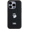 Karl Lagerfeld iPhone 15 Pro - Gripstand Saffiano Choupette Pin Σκληρή Θήκη με Επένδυση Συνθετικού Δέρματος και Stand - Black - KLHCP15LGSACHPK