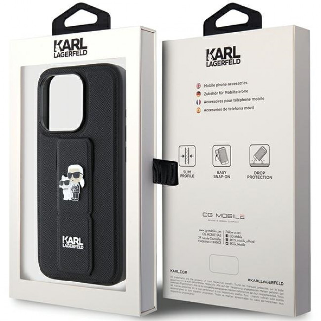 Karl Lagerfeld iPhone 15 Pro Max - Gripstand Saffiano Karl and Choupette Pin Σκληρή Θήκη με Επένδυση Συνθετικού Δέρματος και Stand - Black - KLHCP15XGSAKCPK