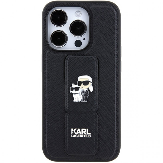 Karl Lagerfeld iPhone 15 Pro Max - Gripstand Saffiano Karl and Choupette Pin Σκληρή Θήκη με Επένδυση Συνθετικού Δέρματος και Stand - Black - KLHCP15XGSAKCPK