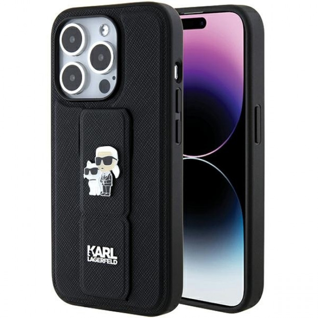 Karl Lagerfeld iPhone 15 Pro Max - Gripstand Saffiano Karl and Choupette Pin Σκληρή Θήκη με Επένδυση Συνθετικού Δέρματος και Stand - Black - KLHCP15XGSAKCPK