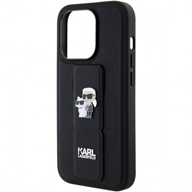 Karl Lagerfeld iPhone 15 Pro Max - Gripstand Saffiano Karl and Choupette Pin Σκληρή Θήκη με Επένδυση Συνθετικού Δέρματος και Stand - Black - KLHCP15XGSAKCPK