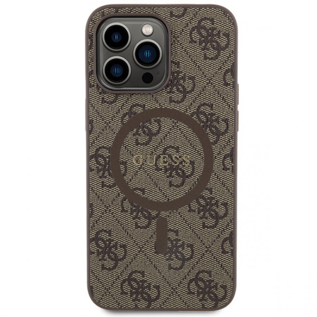 Guess iPhone 15 Pro Max - 4G Collection Leather Metal Logo MagSafe Θήκη με Επένδυση Συνθετικού Δέρματος και MagSafe - Brown - GUHMP15XG4GFRW