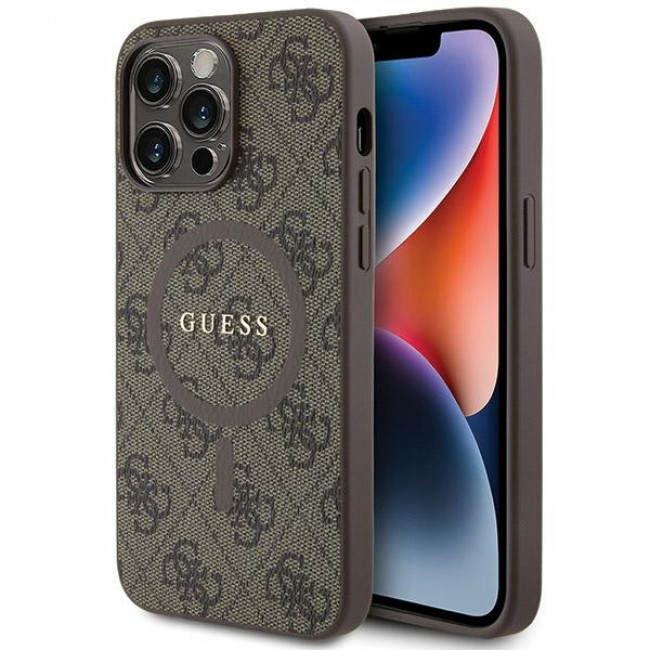 Guess iPhone 15 Pro Max - 4G Collection Leather Metal Logo MagSafe Θήκη με Επένδυση Συνθετικού Δέρματος και MagSafe - Brown - GUHMP15XG4GFRW