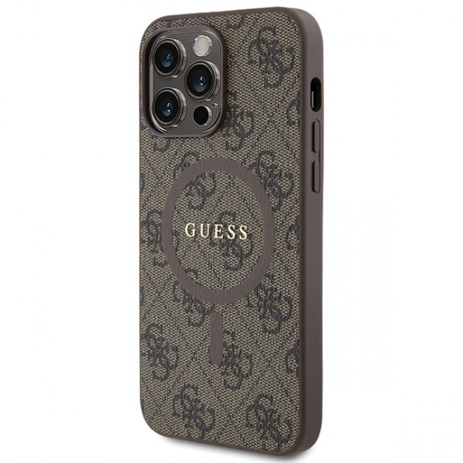 Guess iPhone 15 Pro Max - 4G Collection Leather Metal Logo MagSafe Θήκη με Επένδυση Συνθετικού Δέρματος και MagSafe - Brown - GUHMP15XG4GFRW