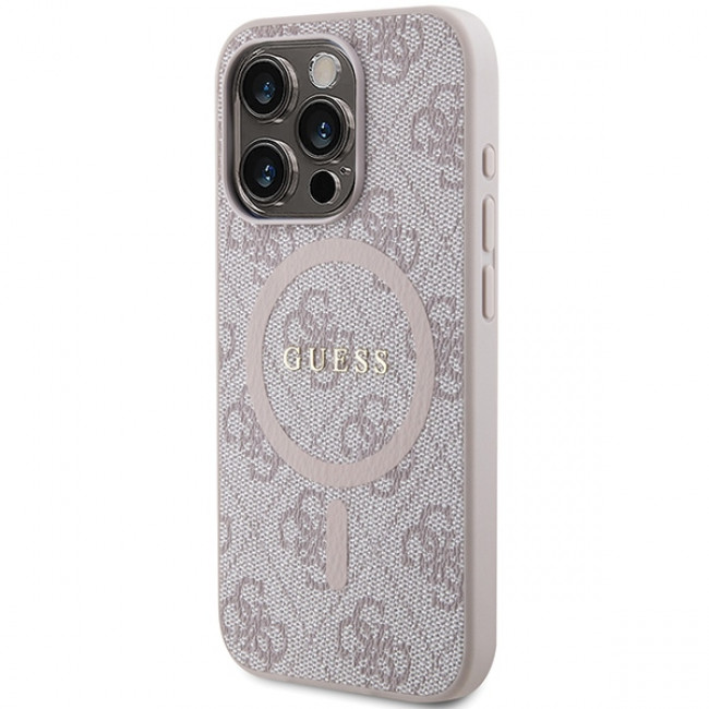 Guess iPhone 15 Pro Max - 4G Collection Leather Metal Logo MagSafe Θήκη με Επένδυση Συνθετικού Δέρματος και MagSafe - Pink - GUHMP15XG4GFRP