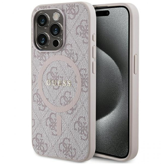 Guess iPhone 15 Pro Max - 4G Collection Leather Metal Logo MagSafe Θήκη με Επένδυση Συνθετικού Δέρματος και MagSafe - Pink - GUHMP15XG4GFRP