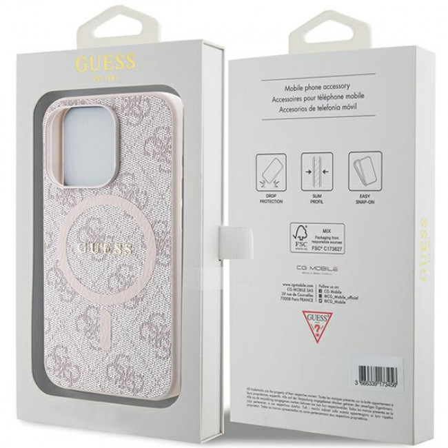 Guess iPhone 15 Pro Max - 4G Collection Leather Metal Logo MagSafe Θήκη με Επένδυση Συνθετικού Δέρματος και MagSafe - Pink - GUHMP15XG4GFRP