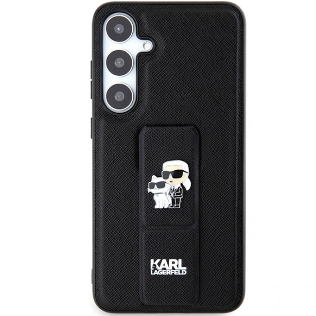 Karl Lagerfeld Samsung Galaxy S24+ - Gripstand Saffiano Karl and Choupette Pin Σκληρή Θήκη με Επένδυση Συνθετικού Δέρματος και Stand - Black - KLHCS24MGSAKCPK