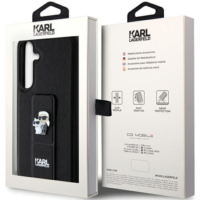 Karl Lagerfeld Samsung Galaxy S24+ - Gripstand Saffiano Karl and Choupette Pin Σκληρή Θήκη με Επένδυση Συνθετικού Δέρματος και Stand - Black - KLHCS24MGSAKCPK