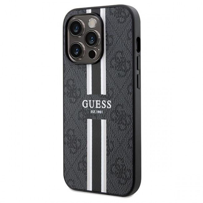 Guess iPhone 15 Pro Max - 4G Printed Stripes MagSafe Θήκη με Επένδυση Συνθετικού Δέρματος - Black - GUHMP15XP4RPSK