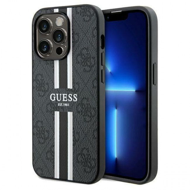 Guess iPhone 15 Pro Max - 4G Printed Stripes MagSafe Θήκη με Επένδυση Συνθετικού Δέρματος - Black - GUHMP15XP4RPSK