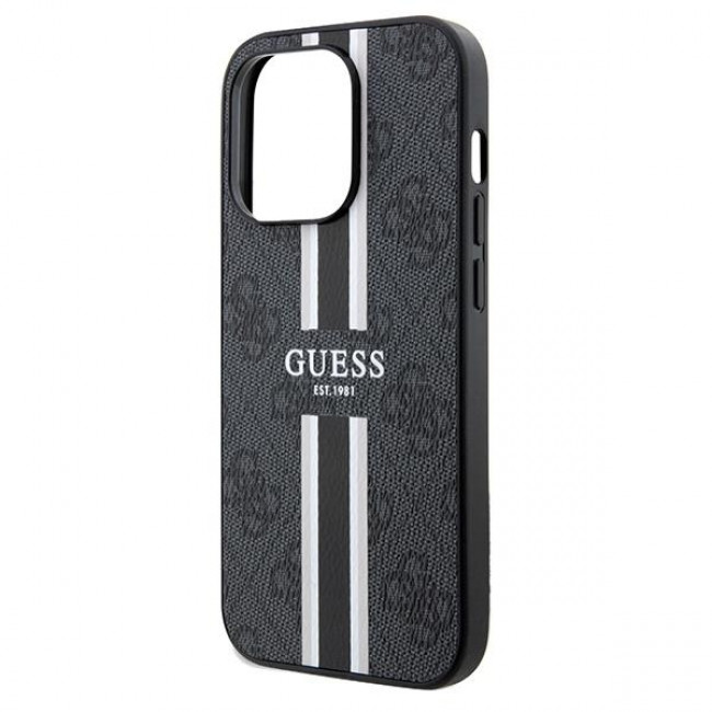 Guess iPhone 15 Pro Max - 4G Printed Stripes MagSafe Θήκη με Επένδυση Συνθετικού Δέρματος - Black - GUHMP15XP4RPSK