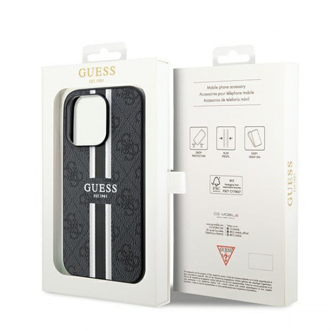 Guess iPhone 15 Pro Max - 4G Printed Stripes MagSafe Θήκη με Επένδυση Συνθετικού Δέρματος - Black - GUHMP15XP4RPSK