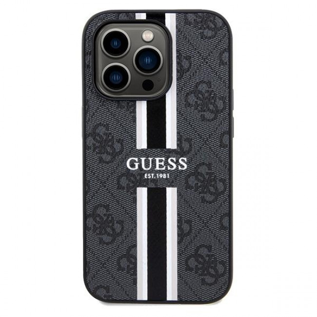 Guess iPhone 15 Pro Max - 4G Printed Stripes MagSafe Θήκη με Επένδυση Συνθετικού Δέρματος - Black - GUHMP15XP4RPSK