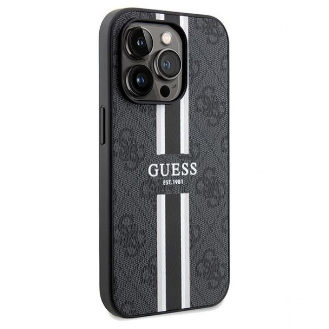 Guess iPhone 15 Pro - 4G Printed Stripes MagSafe Θήκη με Επένδυση Συνθετικού Δέρματος - Black - GUHMP15LP4RPSK